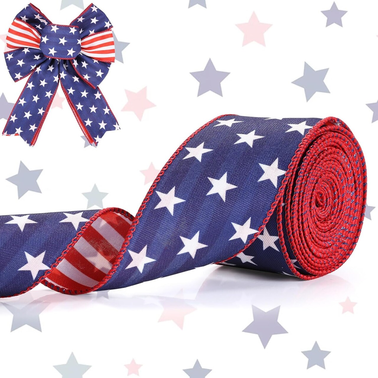 Blue and White Ribbons, Double-Faced Patriotic Ribbon Wired White Star Blue Ribbon for 4th of July Independence Day Memorial Day Decor Party Wreath Bows Making DIY Crafts Wrapping